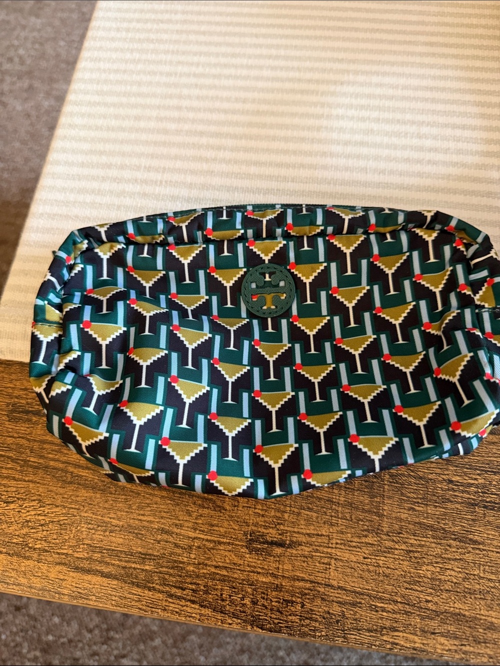 Tory Burch Green and Black Martini-Print Cosmetic Pouch